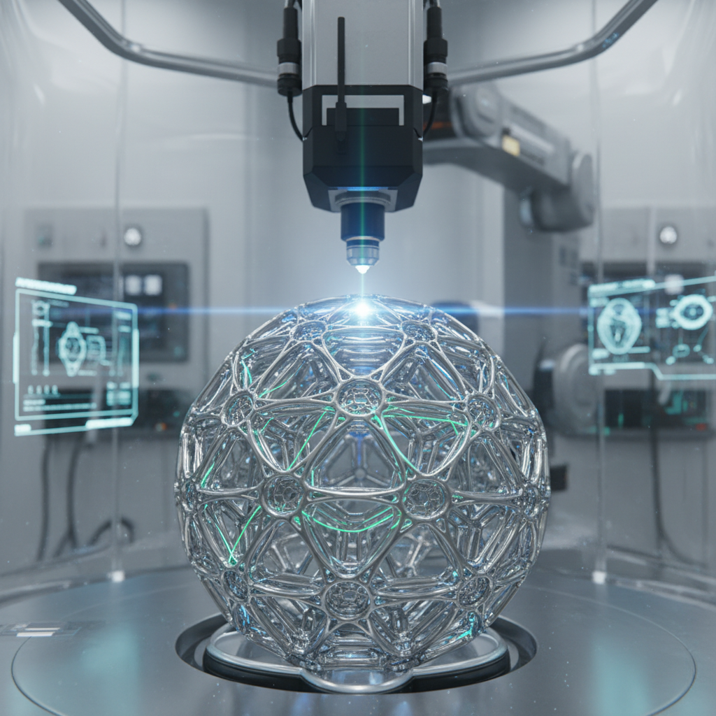 Un braccio robotico industriale utilizza un laser per lavorare una complessa struttura sferica in metallo all'interno di una camera di produzione.